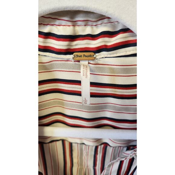 Free People Mad About You Red Striped Satin Deep Neckline Button Up Shirt Large - Picture 9 of 9